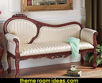 Sink into Victorian elegance upon our striped, cream-on-cream, double-welted upholstery that highlights the graceful curves of this Toscano exclusive. Wide, waiting arms and a single tufted pillow send an upscale decorating message as a hand-carved floral pediment, ornate apron, and sturdily fluted legs shine in polished hardwood